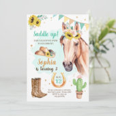 女性のカーボーイ誕生日招待状ガールホースサンフラワーズブルー 招待状 (スタンド正面)