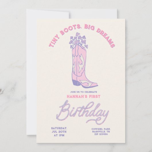 女性のカーボーイ誕生日招待状ティニーブーツビッグドリームズ 招待状 (正面)