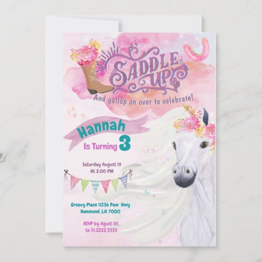 女性のカーボーイ誕生日招待状ホース招待状 招待状 (正面)