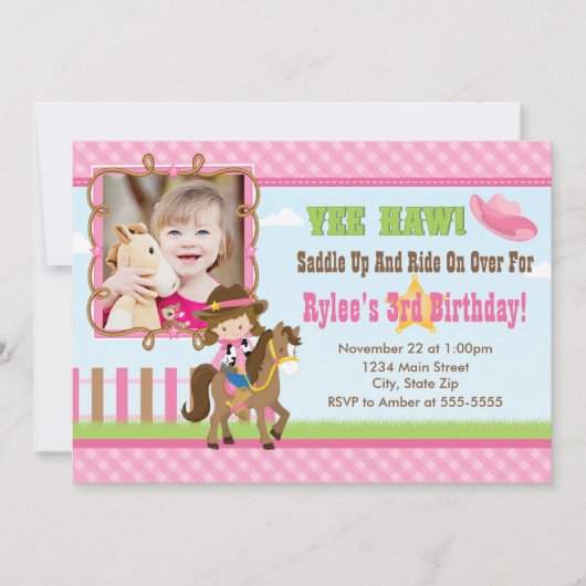 女性のカーボーイ誕生日招待状5x7カードブルネット 招待状 (正面)