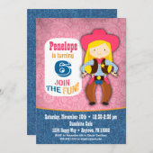 女性のカーボーイ誕生日招待状 – ガールズピンク女性のカーボーイ 招待状 (正面/裏面)