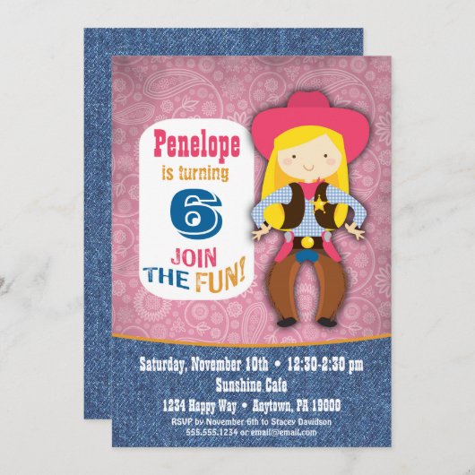 女性のカーボーイ誕生日招待状 – ガールズピンク女性のカーボーイ 招待状 (正面/裏面)