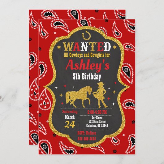 女性のカーボーイ誕生日招待状 招待状 (正面/裏面)