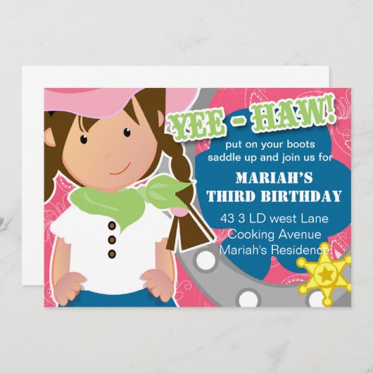 女性のカーボーイ誕生日招待状 招待状 (正面/裏面)