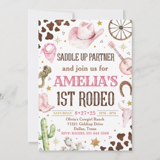 女性のカーボーイ誕生日招待状、1stロデオ招待状 招待状 (正面)