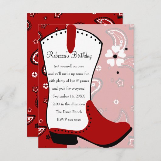 女性のカーボーイ起動誕生日 招待状 (正面/裏面)