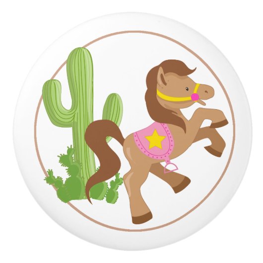 女性のカーボーイ馬とサボテン セラミックノブ (正面)