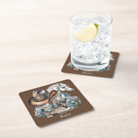 女性のカーボーイ馬カウボーイブーツハットウェスタンフローラ スクエアペーパーコースター (インサイチュ)