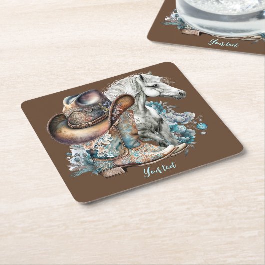 女性のカーボーイ馬カウボーイブーツハットウェスタンフローラ スクエアペーパーコースター (アングル)