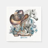 女性のカーボーイ馬カウボーイブーツハットウェスタンフローラ スタンダードカクテルナプキン (正面)