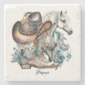 女性のカーボーイ馬カウボーイブーツハットウェスタンフローラ ストーンコースター (正面)