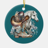 女性のカーボーイ馬カウボーイブーツハットウェスタンフローラ セラミックオーナメント (正面)