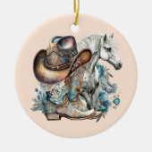 女性のカーボーイ馬カウボーイブーツハットウェスタンフローラ セラミックオーナメント (正面)