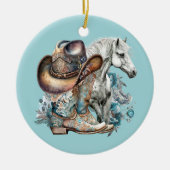 女性のカーボーイ馬カウボーイブーツハットウェスタンフローラ セラミックオーナメント (正面)