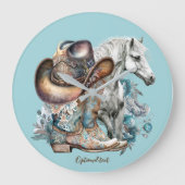 女性のカーボーイ馬カウボーイブーツハットウェスタンフローラ ラージ壁時計 (正面)