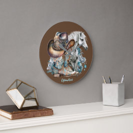 女性のカーボーイ馬カウボーイブーツハットウェスタンフローラ ラージ壁時計