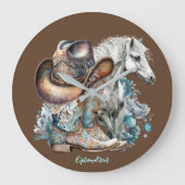 女性のカーボーイ馬カウボーイブーツハットウェスタンフローラ ラージ壁時計 (正面)