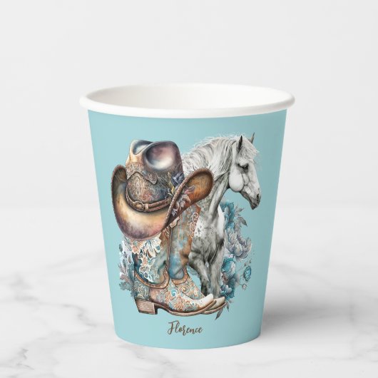 女性のカーボーイ馬カウボーイブーツハットウェスタンフローラ 紙コップ (正面)