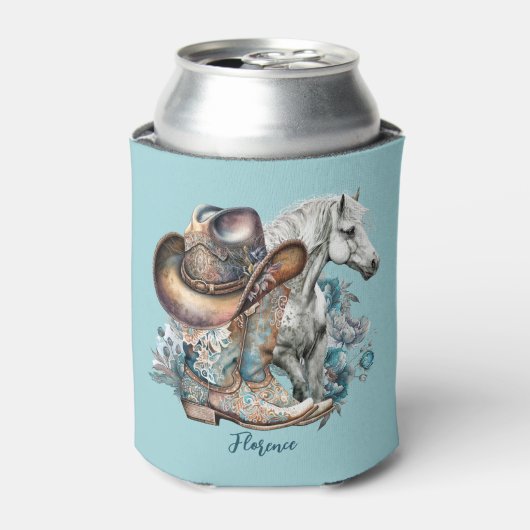 女性のカーボーイ馬カウボーイブーツハットウェスタンフローラ 缶クーラー (缶正面)