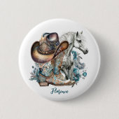 女性のカーボーイ馬カウボーイブーツハットウェスタンフローラ 缶バッジ (正面)