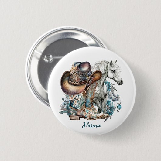 女性のカーボーイ馬カウボーイブーツハットウェスタンフローラ 缶バッジ (正面&裏面)