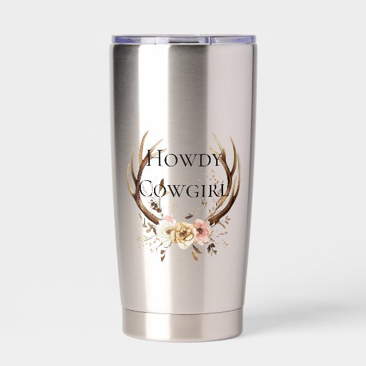 女性のカーボーイ鹿〔雄ジカの〕枝角フローラ 保温保冷タンブラー (正面)