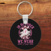 女性のカーボーイ10月We衣服ピンク乳がん キーホルダー (正面)