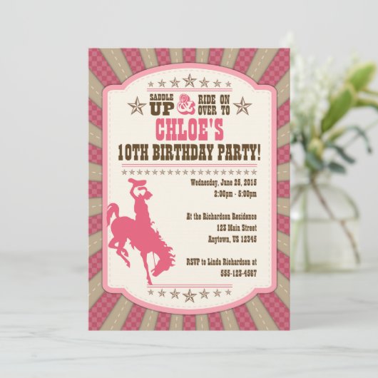 女性のカーボーイ10歳の誕生日パーティーガール招待状 招待状 (スタンド正面)