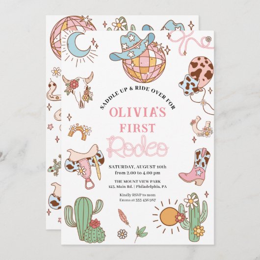 女性のカーボーイ1stバースデーディスコロデオパーティー セーブザデート (正面/裏面)