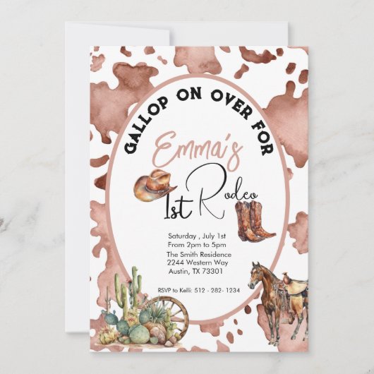 女性のカーボーイ1stロデオカウプリント誕生日 招待状 (正面)