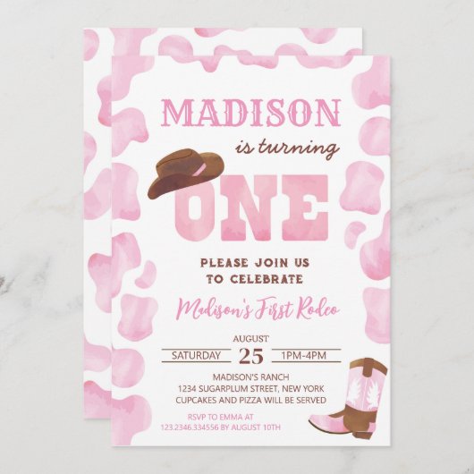 女性のカーボーイ1stロデオファースト誕生日招待状 招待状 (正面/裏面)