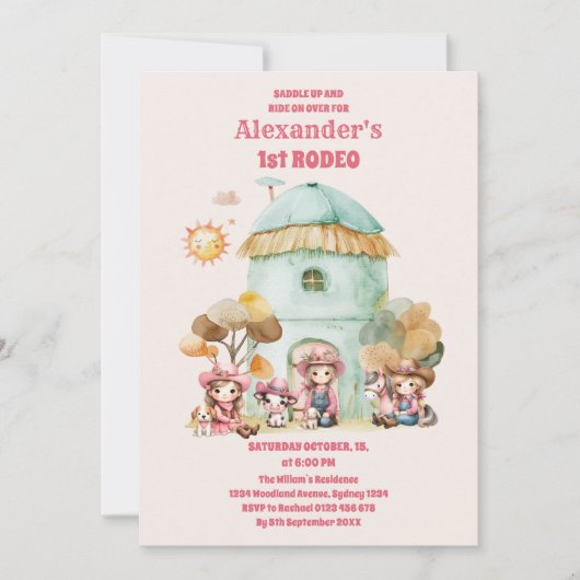 女性のカーボーイ1stロデオファースト誕生日 招待状 (正面)