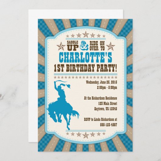 女性のカーボーイ1st誕生日パーティーガール招待状 招待状 (正面/裏面)