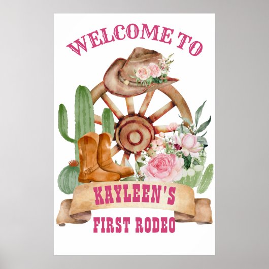 女性のカーボーイ1st rodeo horse farmパーティーウェルカムサイン ポスター (正面)
