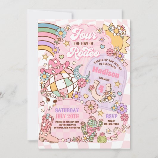 女性のカーボーイ4ロデオの愛4歳の誕生日パーティー 招待状 (正面)