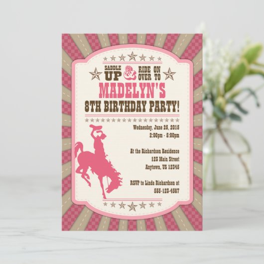 女性のカーボーイ8thバースデーパーティガール招待状 招待状 (スタンド正面)