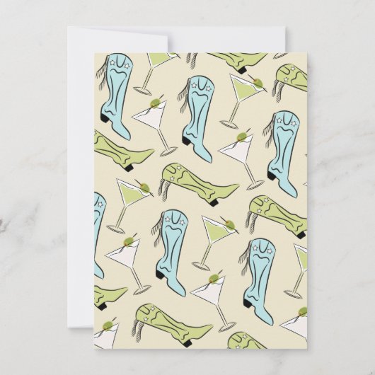 女性のカーボーイ&カクテルマルティーニブライダルシャワー 招待状 (裏面)