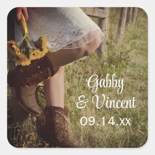 女性のカーボーイ&サンフラワーズカントリーウェスタン結婚ズ スクエアシール (正面)