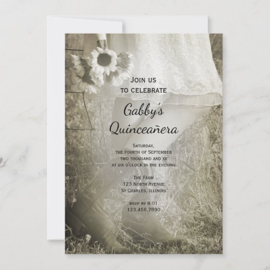 女性のカーボーイ&サンフラワーズカントリーウエスタンキンセアニラ 招待状 (正面)