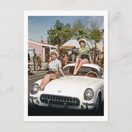 女性のカーボーイ，パレード，車カラフル,レトロ ポストカード (正面)