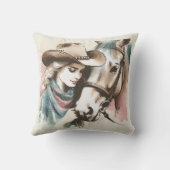 女性のカーボーイ&ホースパステルウォーターカラー クッション (裏面)