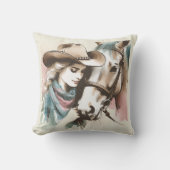 女性のカーボーイ&ホースパステルウォーターカラー クッション (正面)