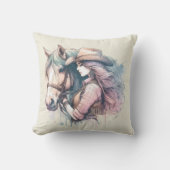女性のカーボーイ&ホースパステルウォーターカラー クッション (正面)