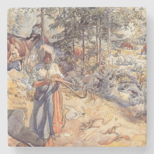 女性のカーボーイ（牧草地の子ども） ストーンコースター (正面)