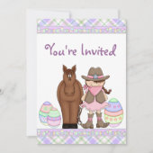 女性のカーボーイ、馬とイースターエッグ誕生日招待状 招待状 (正面)