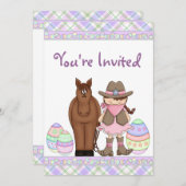 女性のカーボーイ、馬とイースターエッグ誕生日招待状 招待状 (正面/裏面)