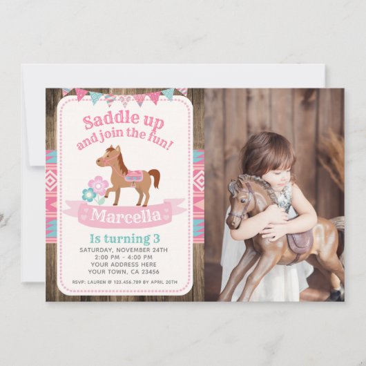 女性のカーボーイ、馬の誕生日招待状（写真あり） 招待状 (正面)