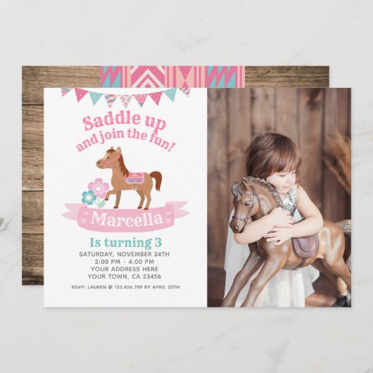 女性のカーボーイ、馬の誕生日招待状（写真あり） 招待状 (正面/裏面)