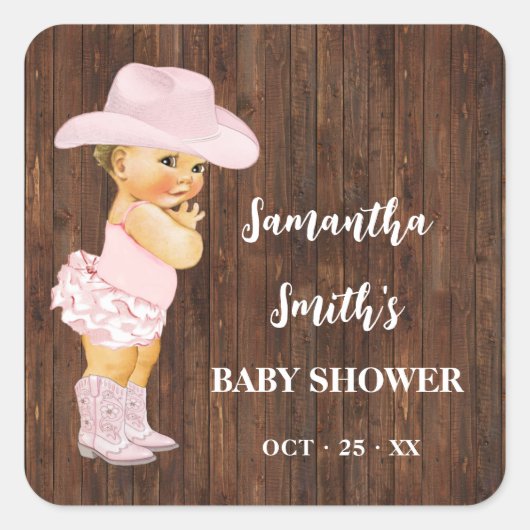 女性のカーボーイWestern Baby Shower来に感謝 スクエアシール (正面)