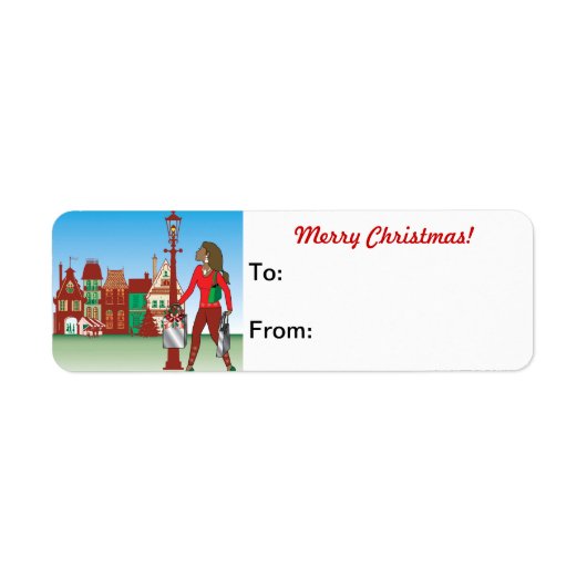 女性のクリスマスショッピングとバッグの服を着たファッション ラベル (正面)